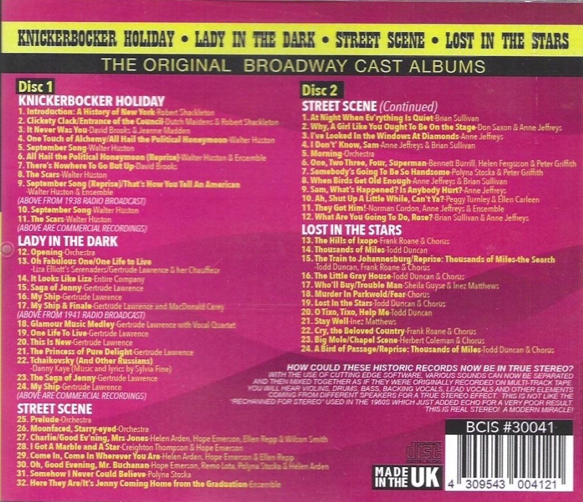 (image for) The Original Broadway Cast Albums - Knickerbocker Holiday, Lady In The Dark, Street Scene & Lost In The Stars